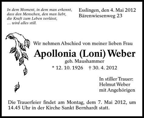 Traueranzeigen Von Apollonia Weber Zeit Des Gedenkens De