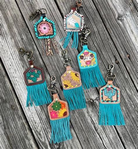 Western Floral Hand Tooled Leather Keychain With Cowgirl Wild West Patterns And Aztec Accents