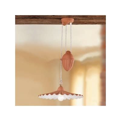 Lampadario Saliscendi Plissettato In Terracotta Con Contrappeso Rustico