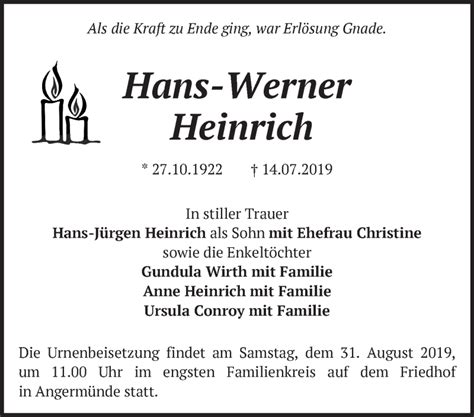 Traueranzeigen Von Hans Werner Heinrich M Rkische Onlinezeitung