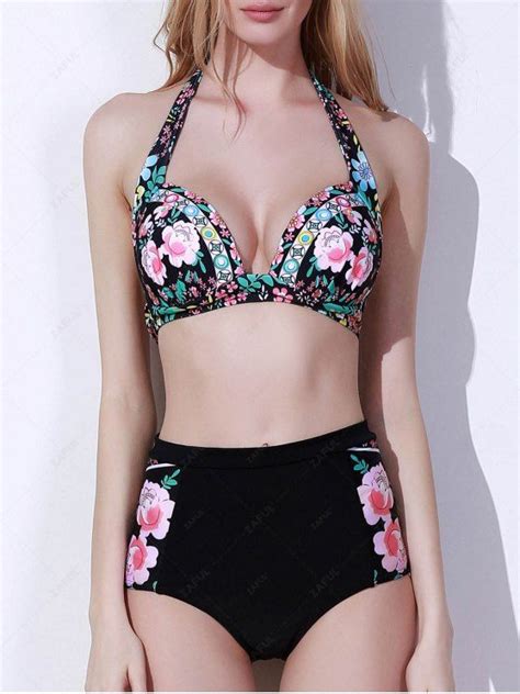 High Waisted Flower Printed Bikini Set BLACK Bikinis M ZAFUL