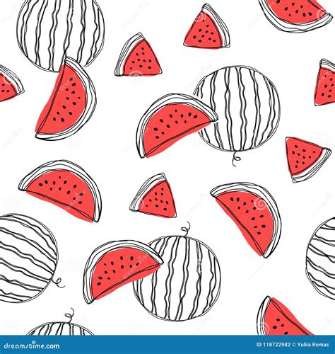 Watermelon Slices Seamless Pattern Hand Draw Vector Illustration On