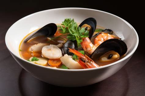 Bowl of Steaming Seafood Soup with Mussels, Clams, and Shrimp Stock ...