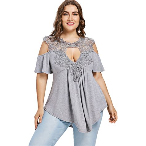 Rosegal Plus Size Women T Shirt Keyhole Neck Cold Shoulder T Shirt