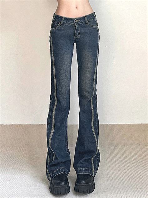 Emmiol Free Shipping 2024 Panel Striped Vintage Flare Jeans Blue S In