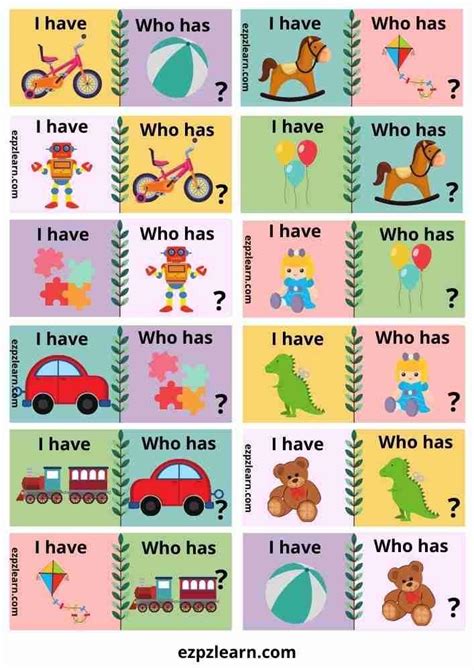 Free Printable I Have Who Has English Game For Kids Topic Toys