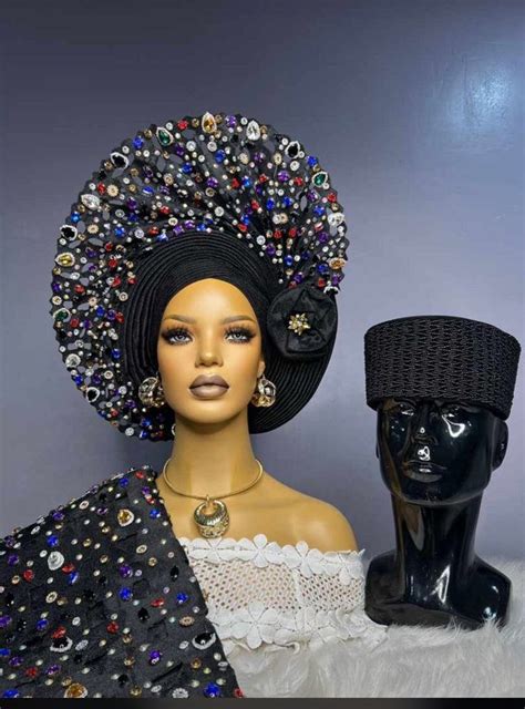 Embellished Autogele Aso Oke Black Pre Tied African Headwrap Headpiece