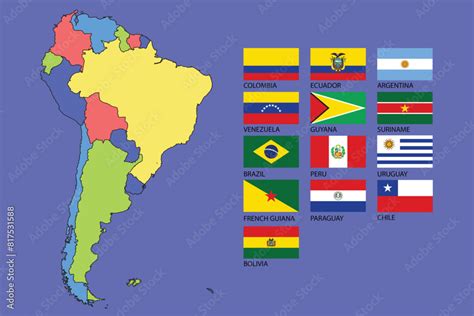 Colorful South America Map with Country Flags Vector Art Stock Vector ...