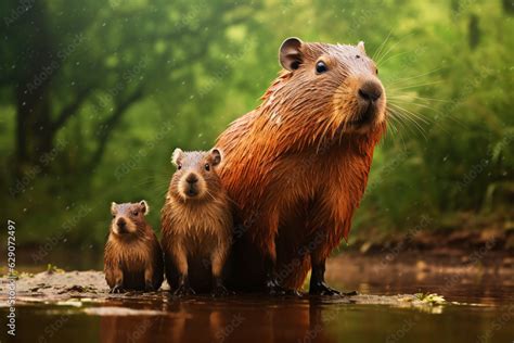 Resting Capybara Family (Hydrochoerus hydrochaeris), Capybaras in Their ...