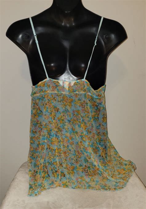 Cacique Yellow Blue Floral Mesh Sheer Nightgown Gem