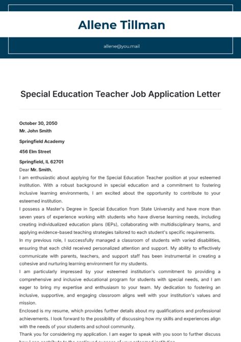 Free Special Education Teacher Job Application Letter Template to Edit Online