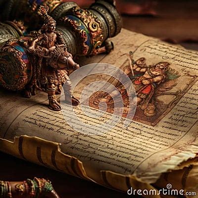 An Ancient Manuscript Of The Bhagavad Gita, On Wooden Background Stock ...