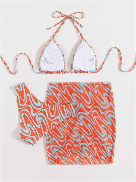 Shein Swim Vcay Allover Graphic Halter Triangle Bikini Swimsuit And Beach