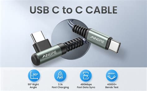 Ainope Right Angle Usb C To Usb C Cable 33ft 60w 2 Pack