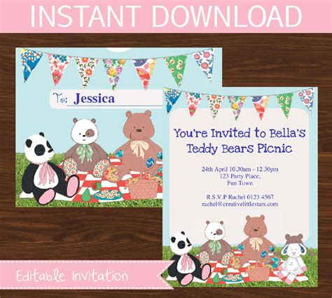 Teddy Bears Picnic DIY Invitation INSTANT DOWNLOAD