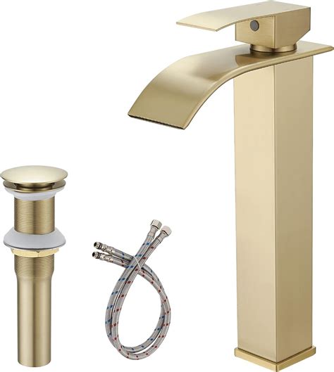 Bathlavish Bathroom Vessel Sink Faucet Waterfall Brushed Gold Tall Body Modern Single Hole