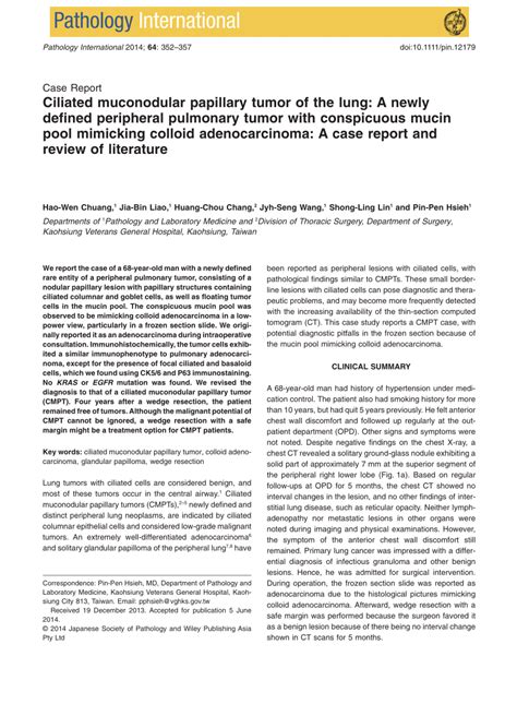 Pdf Ciliated Muconodular Papillary Tumor Of The Lung A Newly Defined Peripheral Pulmonary