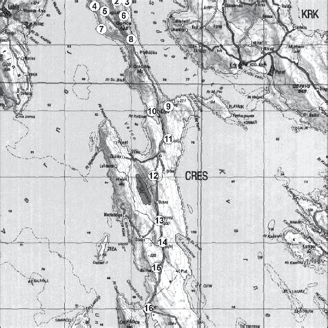 Map of surveyed localities on Cres Island. Sl. 1: Zemljevid vzorčenih ...