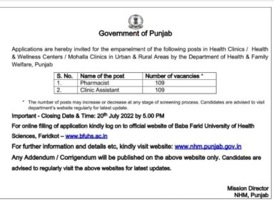 Mohalla Clinic Punjab Vacancy Pharmacist And Clinic Assistant