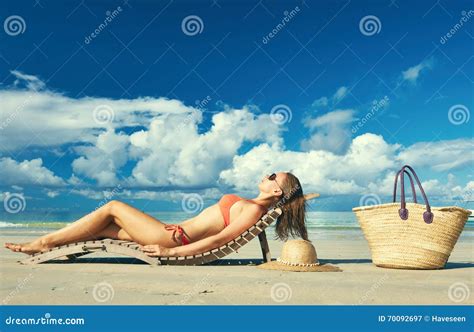 Woman In Bikini Lying On Beach At Seychelles Stock Image Image Of