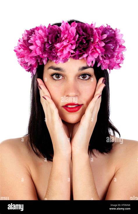 Beautiful Brunette Girl With Purple Flowers In Her Head Isolated On A