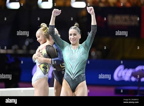 Belgian Gymnast Lisa Vaelen Celebrates During The Womens Vault Final