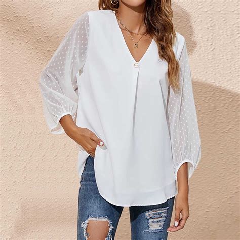 Hunpta Womens Summer Chiffon V Neck Long Sleeve Blouse Casual Loose