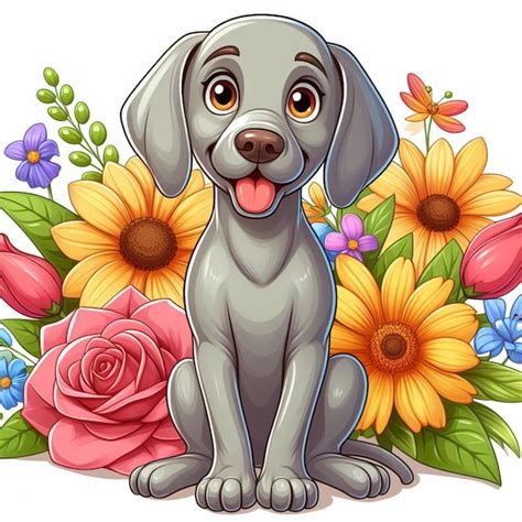 Lindo Perro Weimaraner Y Flores Ilustraci N De Dibujos Animados