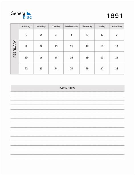 February 1891 Printable Monthly Calendar with Notes