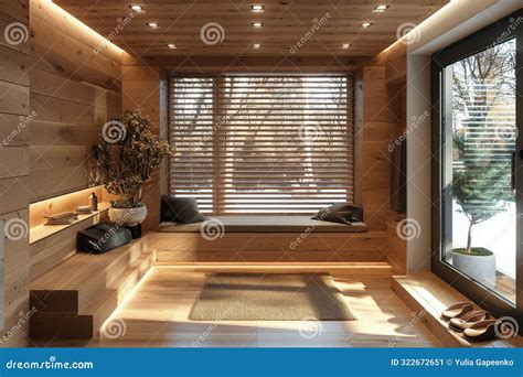 Modern Wooden Entryway With Bench And Storage In A Mountain Home Stock