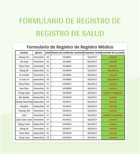 Plantilla De Excel Formulario De Registro De Registro De Salud Y Hoja