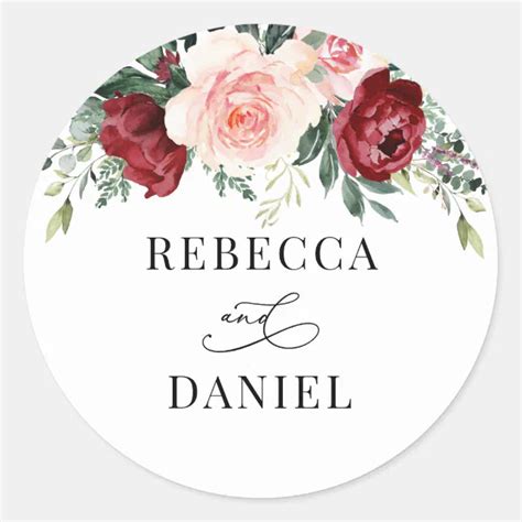 Burgundy Blush Floral Personalized Wedding Classic Round Sticker Zazzle