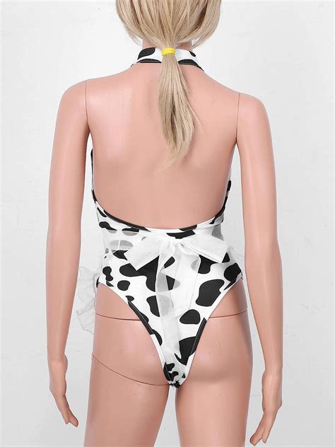 Zaldita Women S Sexy Cow Print Maid Cosplay Lingerie Leotard Sheer Mesh