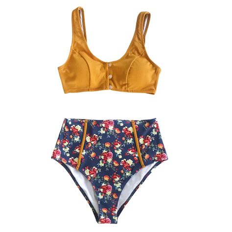 Free Shipping Sexy Caramel Buttons High Waist Floral Bikini Swimsuit Jkp Allkpop Shop