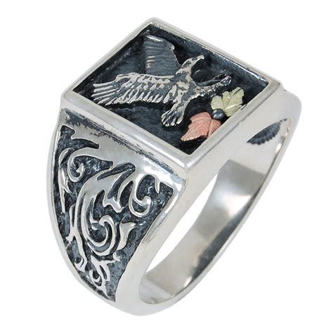 Black Hills Gold 925 Sterling Silver Eagle Mens Oxidized Ring