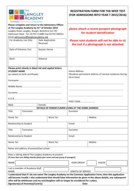 Fillable Online REGISTRATION FORM FOR THE NFER TEST FOR ADMISSIONS