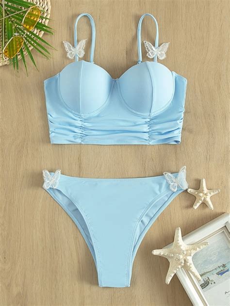 Butterfly Appliques Ruched Push Up Bikini