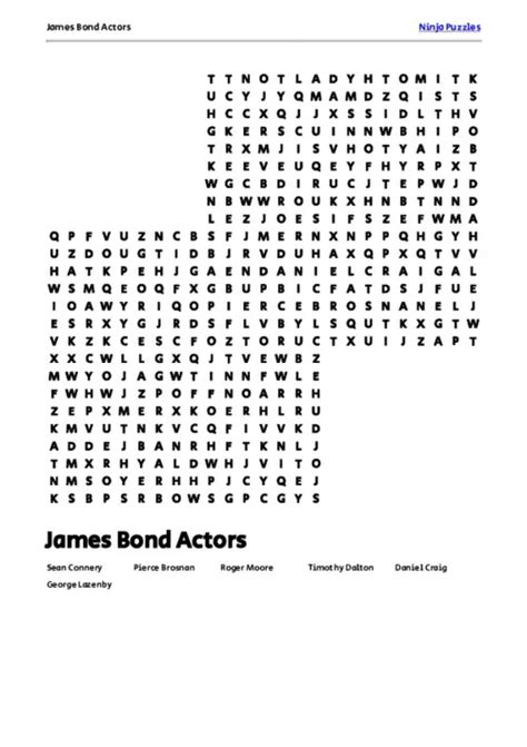 Free Printable James Bond Actors Themed Word Search Puzzle Free