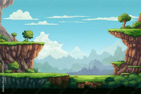 2d arcade game level map, fantasy island game background, mountains ...