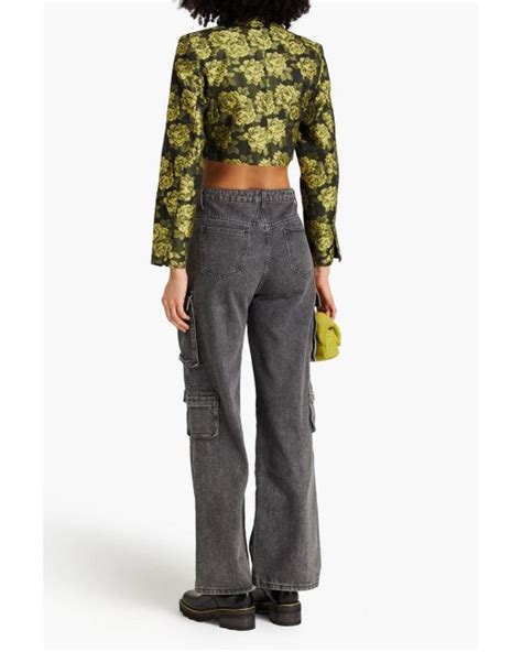 Ganni Cropped Floral Jacquard Blazer In Green Lyst