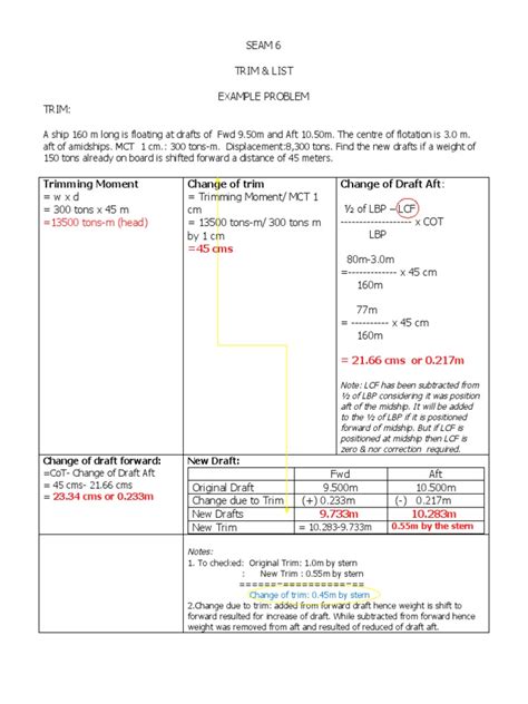 Trimming Moment Change Of Trim Change Of Draft Aft 13500 Tons M Head