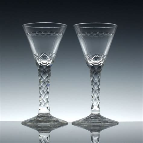 Pair Of Antique Edwardian Facet Cut Wine Glasses C1910 Wine Glasses Exhibit Antiques