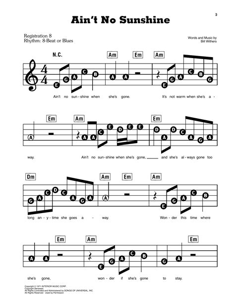 Ain T No Sunshine By Bill Withers Sheet Music For E Z Play Today At