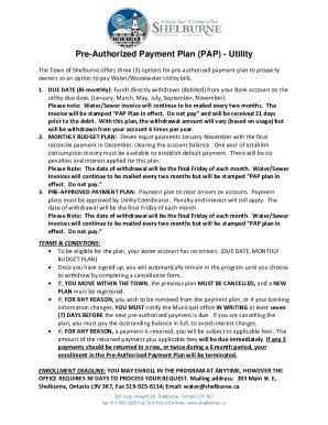 Fillable Online Pre Authorized Payment Plan PAP Utility Town Of