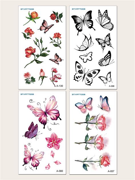 4sheets Butterfly Flower Print Tattoo Sticker Tattoo Stickers