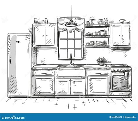 Kitchen Interior Drawing Vector Illustration Stock Vector Image