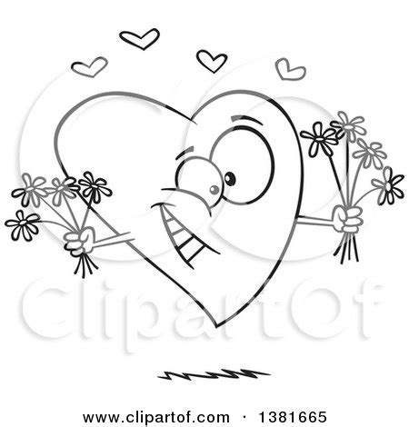 Clipart Of A Cartoon Black And White Romantic Heart Character Holding