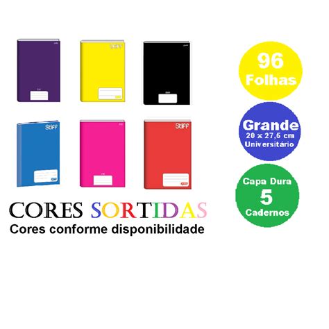 Kit 5 Caderno GRANDE 96fls Capa Dura CORES SORTIDAS Universitario