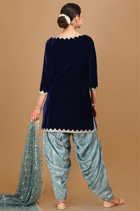 Velvet Navy Blue Lace Embroidered Patiala Suit Lstv127826