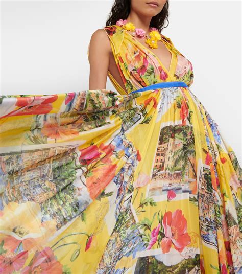 Portofino Printed Silk Chiffon Gown In Multicoloured Dolce Gabbana